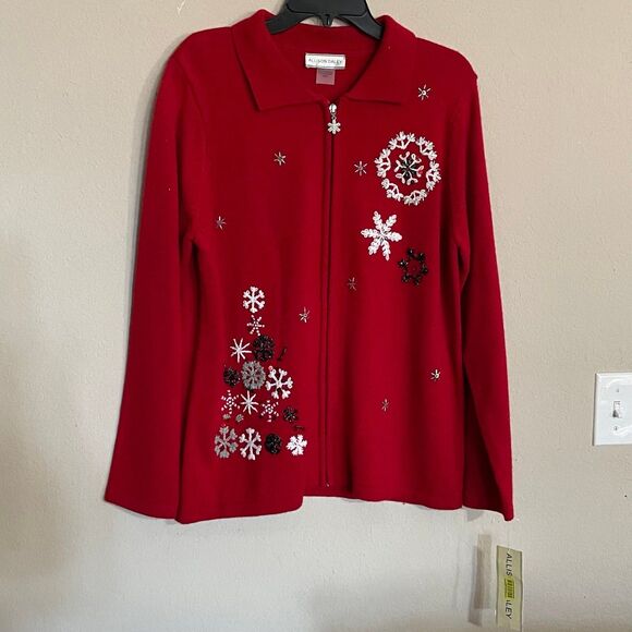 Allison Daley Women's Sweater Red Size M Long Sleeve Zip Christmas Snow Flakes - Picture 2 of 7